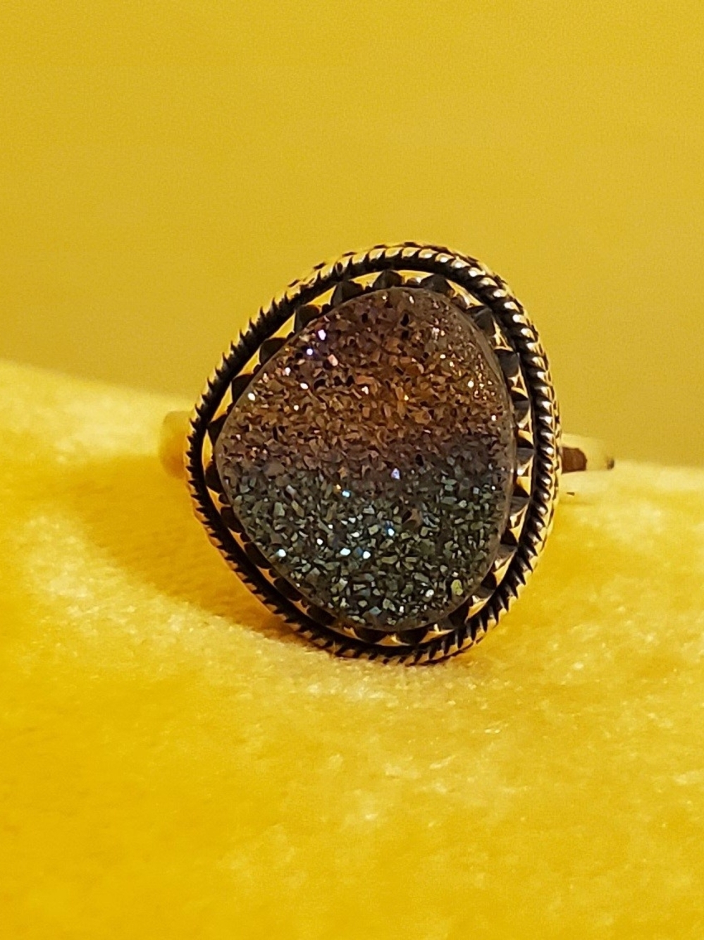 Silver Teardrop Druzy Ring in Smoky Blue & Pink